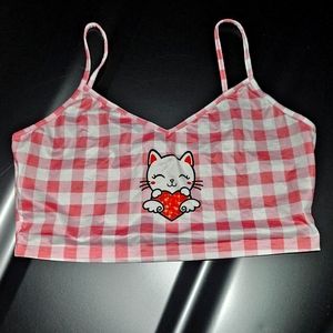 Kawaii Pink White Gingham Kitty Crop Top Cami Tank Top Deadstock